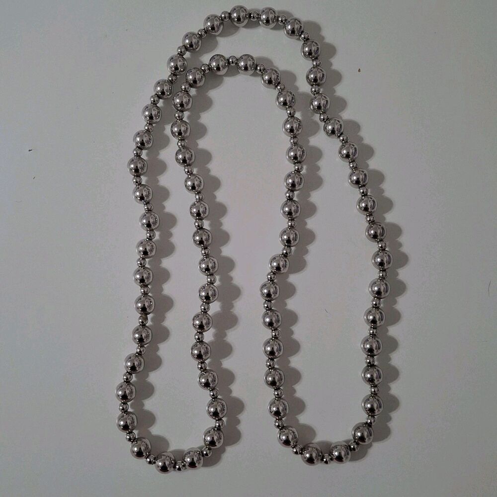 Silver Tone Shiny Metallic Round Beaded Strand Necklace Single Strand